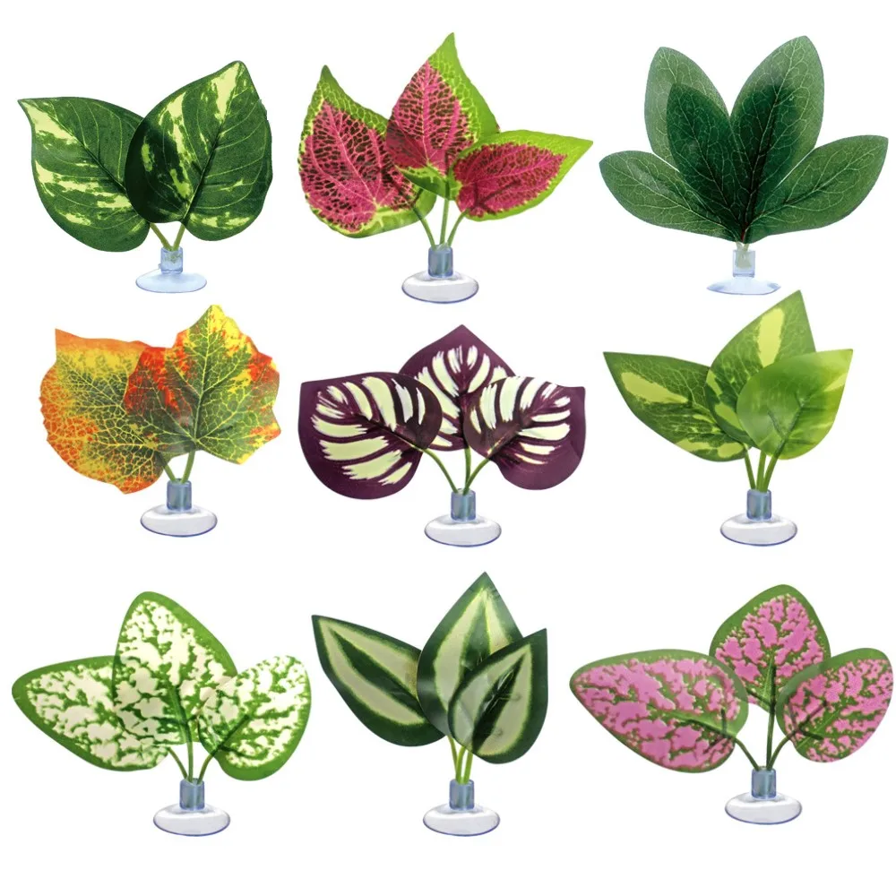 2Pcs Artificial Terrarium Plants Leaves Lizard Supplies Wall Hanging Plastic Leaves Lizard Hideout Grass Reptiles Accessories